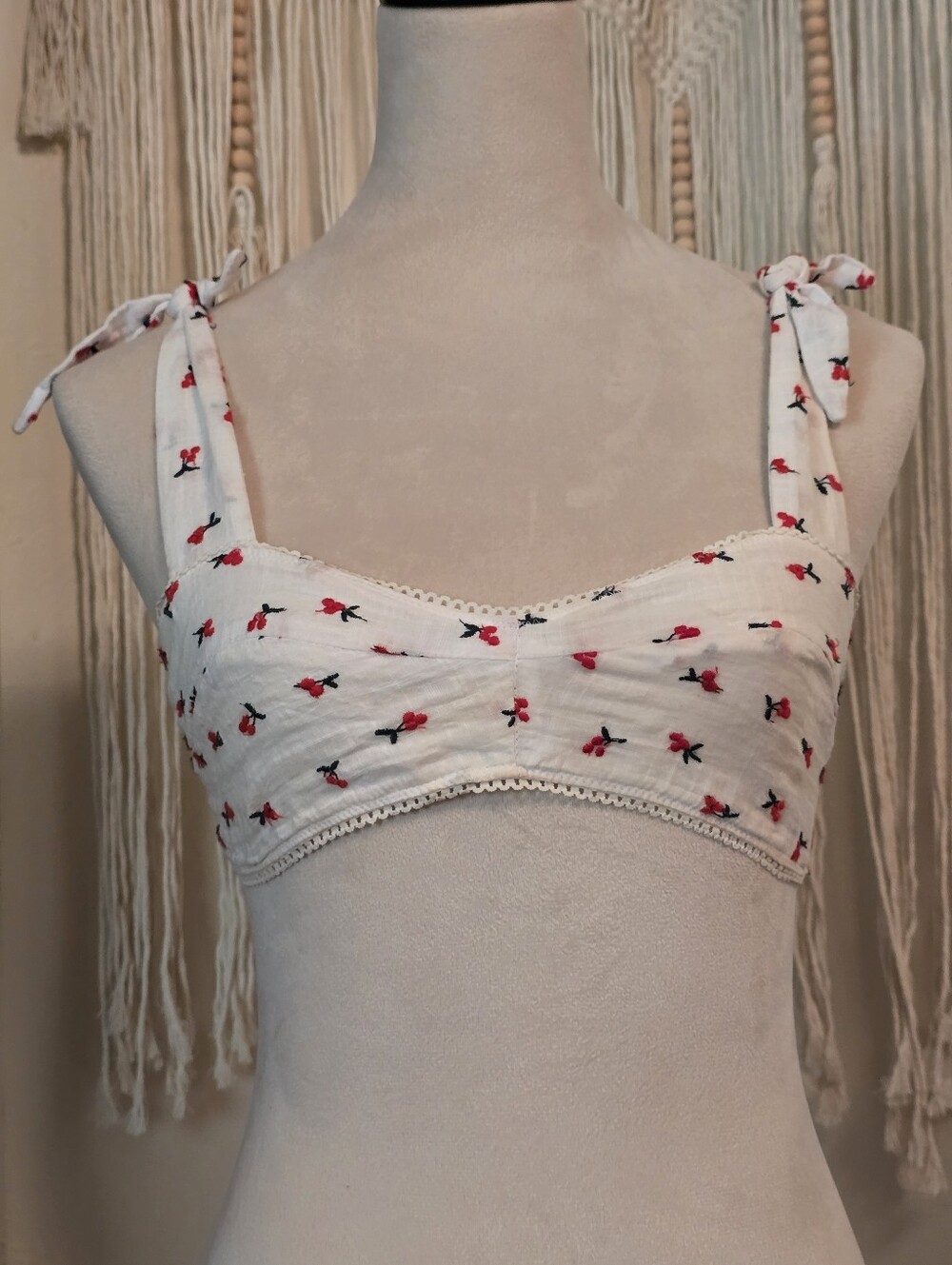 Free People White Tie-Shoulder Crop Top with Red Cherry Print
